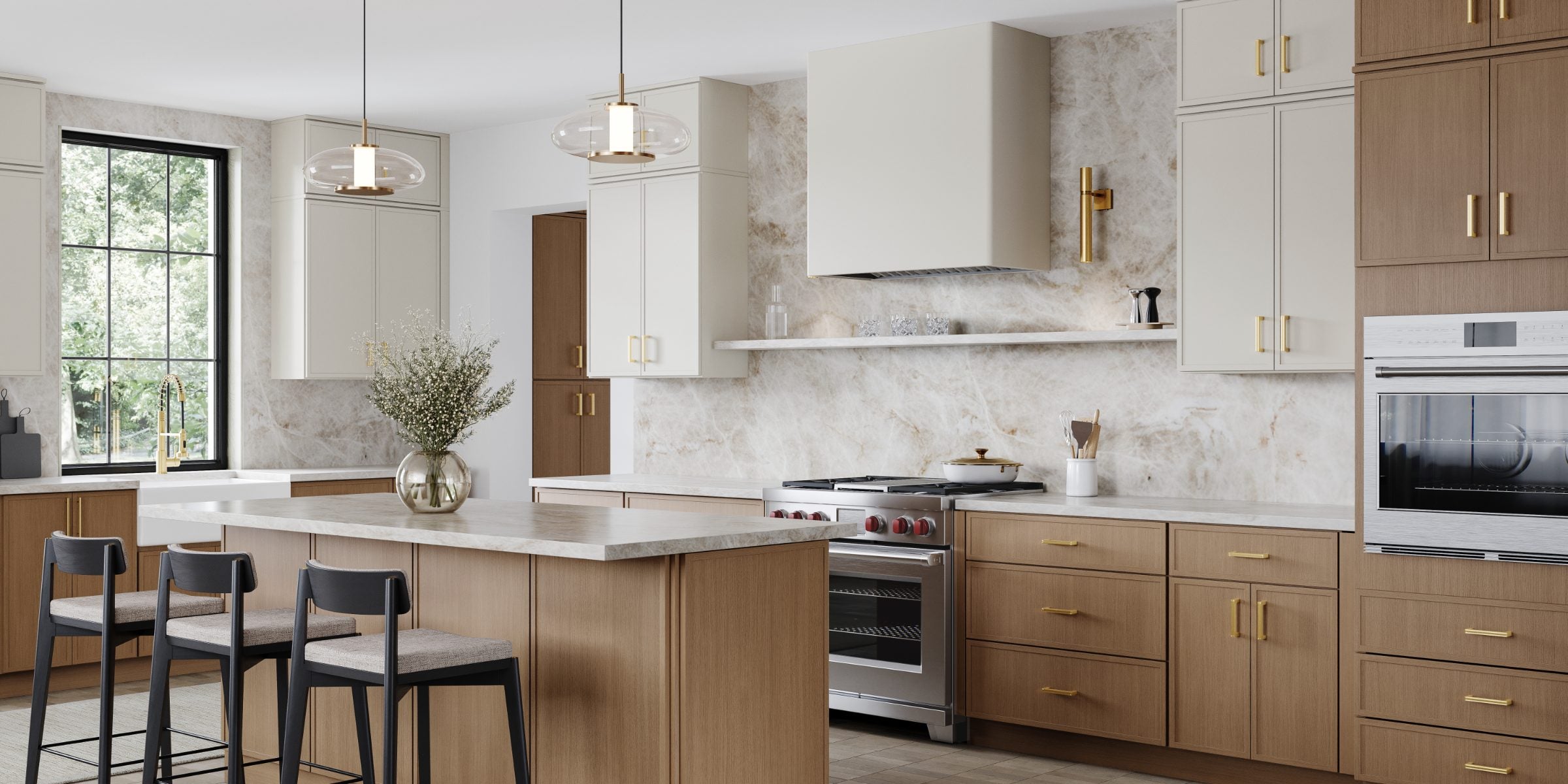 Two-tone kitchen with warm oak base cabinets and painted uppers